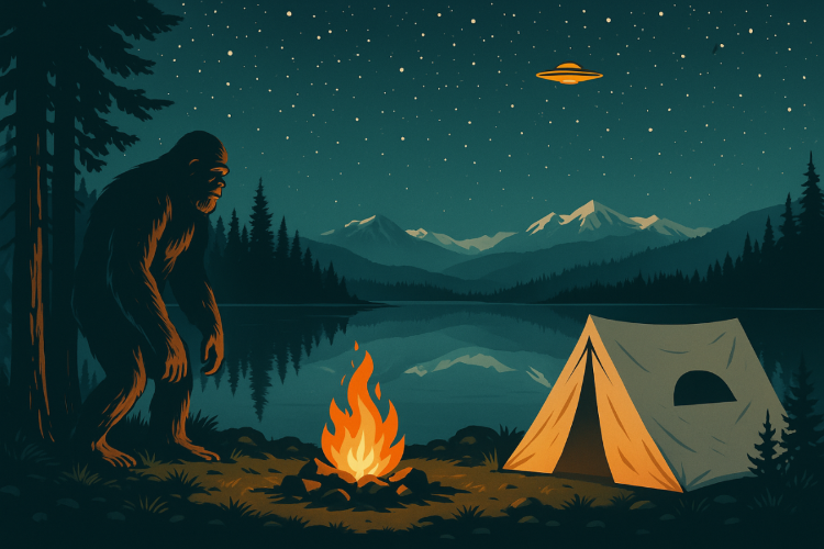 Illustration of a bigfoot by a campfire with a tent and UFO in the night sky over mountains.